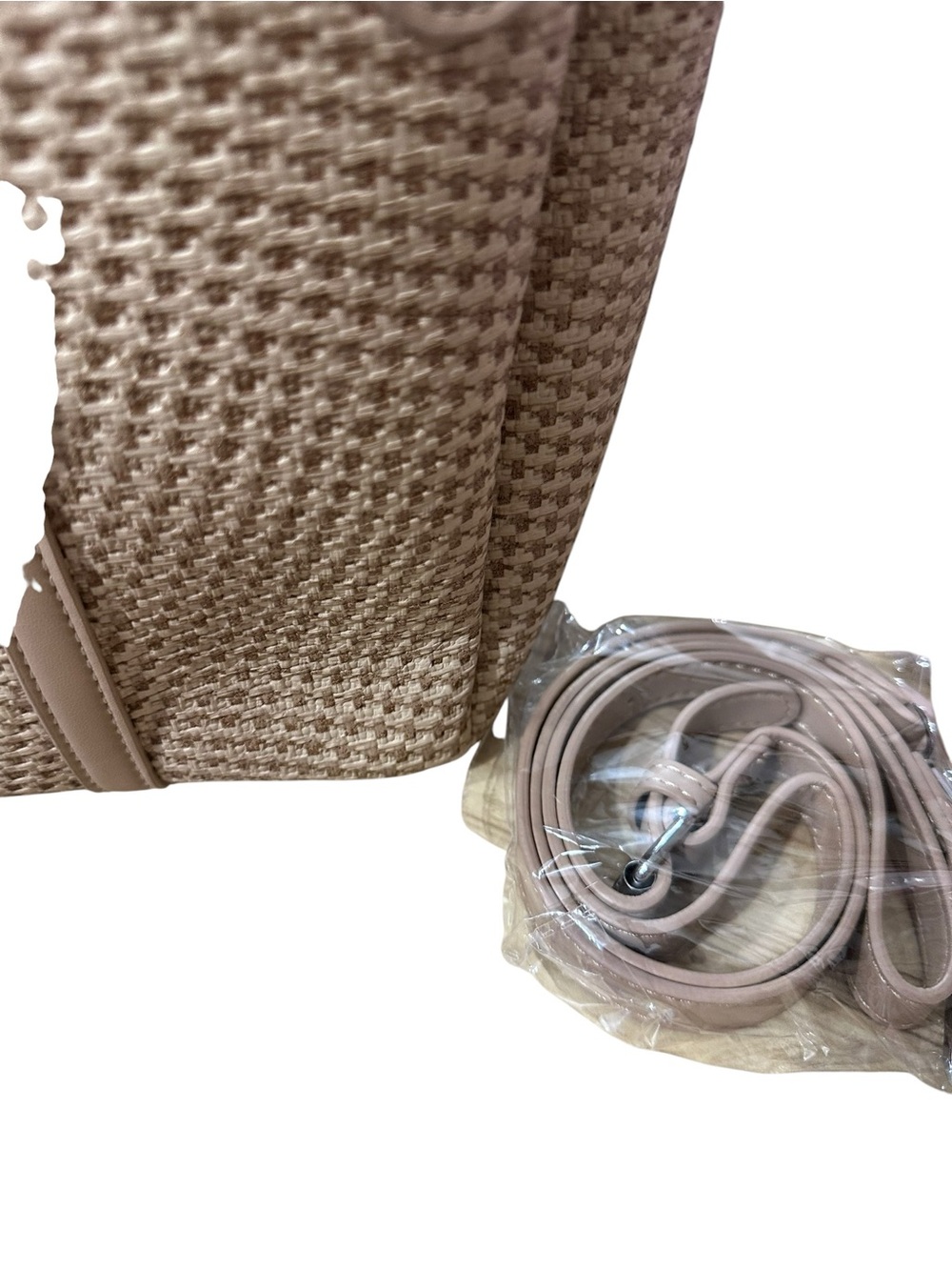 Beige Woven Tote Bag with Leather Trim - Picture 5 of 5